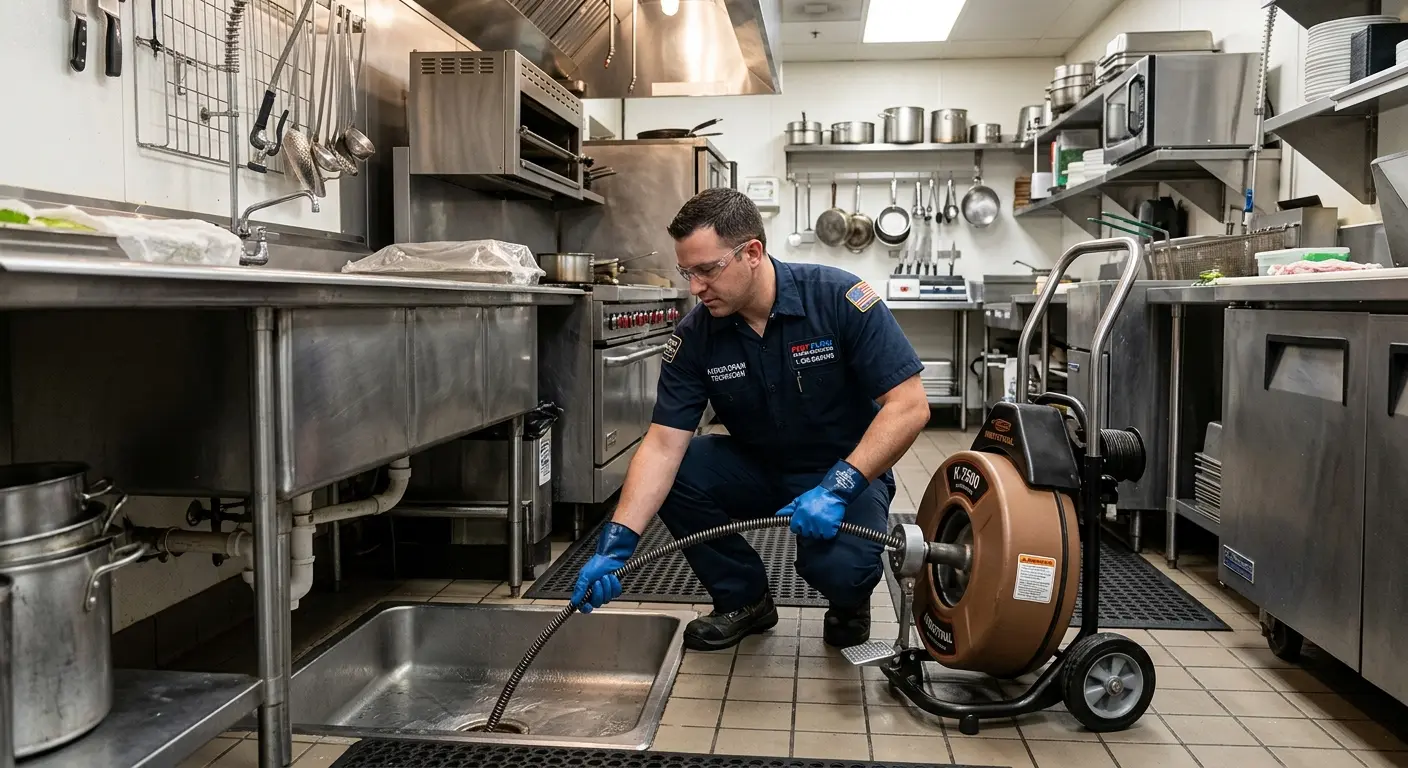 Commercial drain cleaning service in a restaurant kitchen in Amsterdam