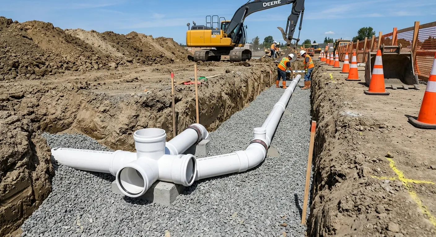 New PVC sewer pipe installation in open trench for Sewer Backup in Amsterdam