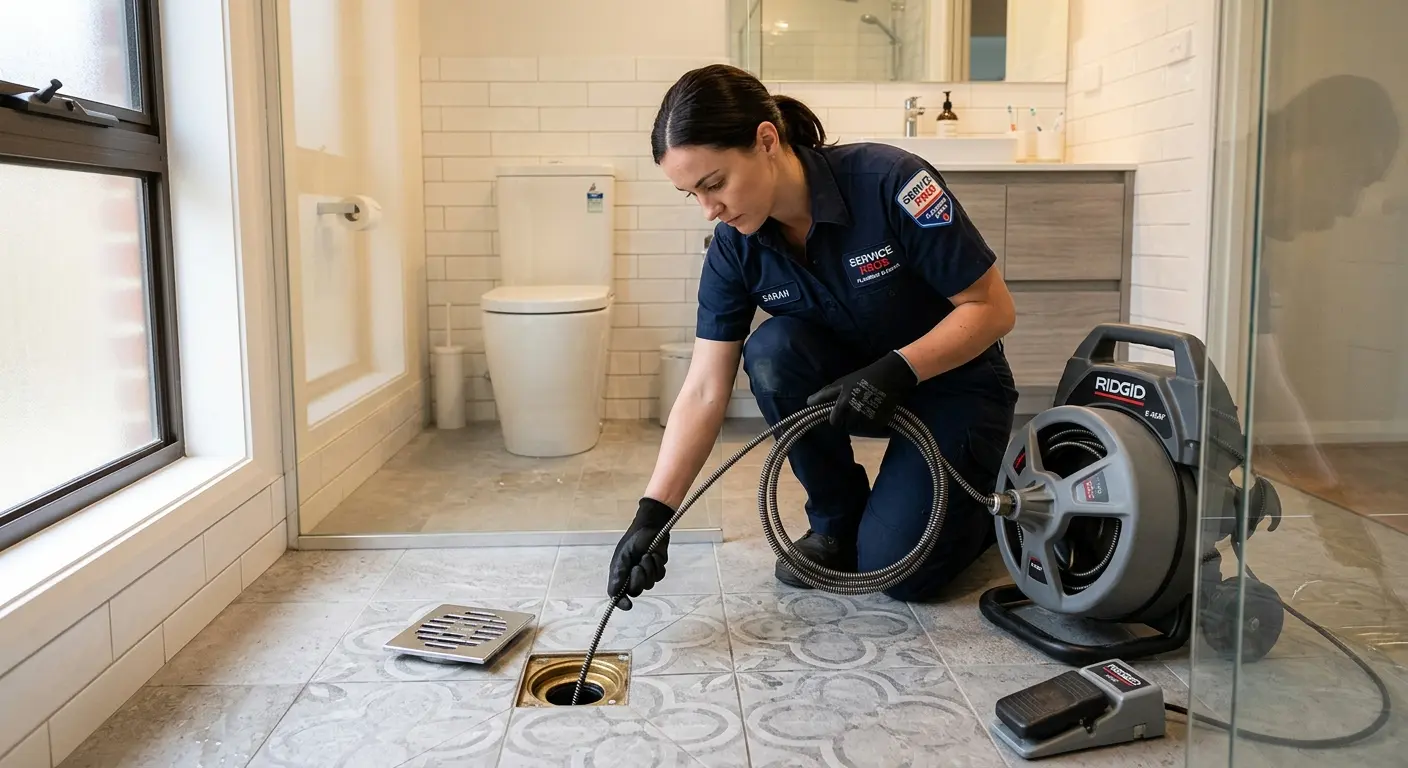 Technician clearing a bathroom floor drain for Sewer Line Installation in Amsterdam